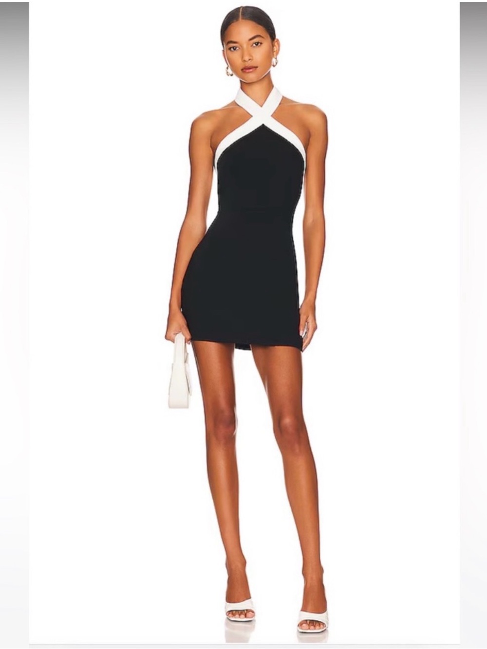 Superdown Brielle Black White Cross Front Halter Mini Dress NWT S